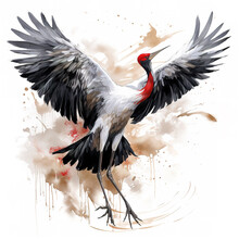Image Of Flying An Eastern Sarus Crane Painting On White Background. Bird. Wildlife Animals. Illustration, Generative AI.