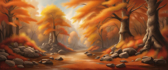 Banner Autumn Landscape Forest Mountain River Road And Orange Tree. Generative AI