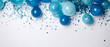 © Inai - Holidays blue background with deep blue balloons, confetti, sparkles, lights. Anniversary. Banner for birthday, party, Topp view. Flat lay. Generative Ai.