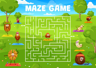 Poster - Labyrinth maze, cartoon nuts on morning yoga fitness, vector quiz game puzzle. Help find way out for hazelnut to coconut or peanut and almond on yoga fitness sport exercises, kids labyrinth maze game