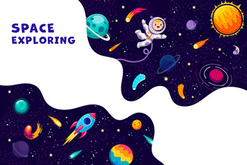 Poster - Space banner with kid astronaut, rocket, planets and starry galaxy. Vector cartoon funny cosmonaut float in weightlessness at galaxy in alien celestial world landscape with stars, asteroids or comets