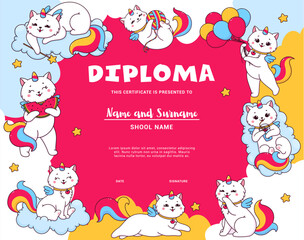Aufkleber - Kids diploma with cartoon cute caticorn characters, vector certificate award template. Funny kitty cat unicorn with rainbow tail on cloud for school or kindergarten workshop certificate diploma