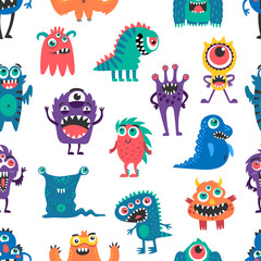 Wall Mural - Cartoon monster characters seamless pattern, vector background with funny creatures. Cheerful bizarre alien animals and happy monsters, trolls and yeti bigfoot and cyclops with gremlin in pattern