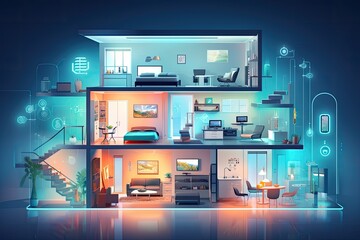 Poster - The smart home concept refers to the idea of using remote controls and home management systems to control and manage various aspects of a house.
