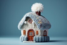 Concept Of The Heating System In A Winterized House, Along With The Presence Of Cold Snowy Weather, Depicted By A Model Of A House Adorned With A Cozy Knitted Cap.