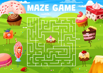 Poster - Help to find exit for cartoon funny cake character on meadow labyrinth maze. Kid vector board game worksheet with jelly pudding, cocktail, pie or cupcake personages search correct way boardgame teaser
