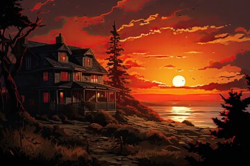 Canvas Print - A depiction of a house with the sun setting in the background.