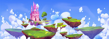 Fantasy Castle On Floating Island In Sky Cartoon Landscape. Magic Fairytale Flying Kingdom Tower In Imagination Heaven Dream Scene. Summer Green And Rock Scenery With Boulder Platform Ui Game Vector