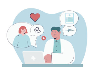 Wall Mural - Female calling to doctor and asking questions. Patients choose doctor and communicates via video call with health care provider. Online medical consultation concept. Flat vector illustration