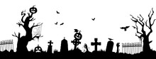 Halloween Cemetery Silhouette. Vector Creepy Graveyard With Zombie Hand, Trees, Bats, Tombs, Fence, Jack Lantern Pumpkins And Spider Webs On White Background. Horror Night Holiday Necropolis Design