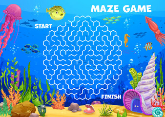 Poster - Labyrinth maze help to fish find a shell house. Kids vector board game worksheet with funny cartoon puffer fish searching right way on tangled path in underwater world. Educational children riddle