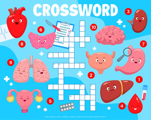 Aufkleber - Crossword quiz game grid with cartoon body organ characters, vector worksheet for kids. Funny heart, brain and liver with lungs and kidney characters on anatomy cross word or guess word grid game