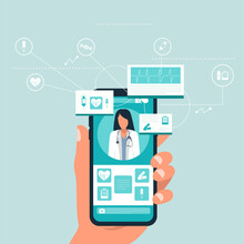 Human Holding Smartphone And Selecting Medical Support. Online Medical Advice, Consultation Service And Telemedicine. Digital Prescriptions And Teletherapy. Flat Vector Illustration In Cartoon Style