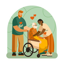 Nurses Standing Near Man On Wheelchair And Caring. Voluntary Community Assistance To People. Charity And Donations Concept. Flat Vector Illustration In Cartoon Style In Green And Orange Colors