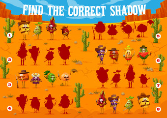 Wall Mural - Shadow matching game cartoon cowboy, sheriff and bandit fruit characters. Vector logic quiz with melon, pear, dragon fruit and plum. Orange, figs, bergamot and mandarin with papaya, lychee and grapes