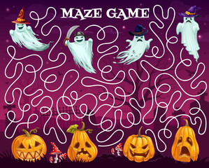 Poster - Halloween labyrinth maze cartoon ghosts and pumpkins on cemetery. Vector board game worksheet with funny spooks and jack lanterns characters. Boardgame with tangled path, start and finish, riddle task