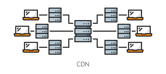 Fototapete - CDN. Content delivery network icon. Blog or web portal file storage and backup server, website database administration and publishing system, CDN line vector symbol with network, laptop and servers