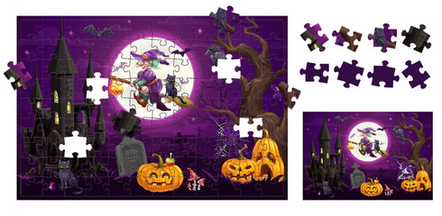 Wall Mural - Halloween landscape jigsaw puzzle game pieces. Cartoon witch and pumpkins on cemetery. Right fragment match game, figure search vector playing activity vector worksheet with Halloween characters