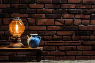 Sticker - Lamp and household decorations against a backdrop of bricks.