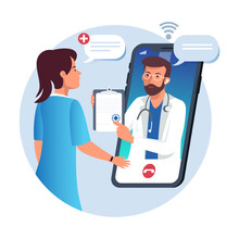 Doctor Talking To Female Via Smartphone. Online Medical Advice, Consultation Service And Telemedicine. Quick And Easy Way To Receive Medical Advice. Flat Vector Illustration In Cartoon Style