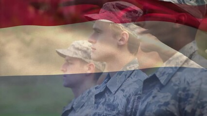 Poster - Animation of flag of netherlands over diverse male soldiers
