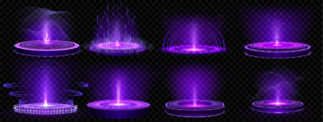 Purple game hologram light circle podium teleport. 3d magic technology neon glow hud platform element vector design set. Fantasy energy stage with sound wave, plexus line, stardust and arch sparkle