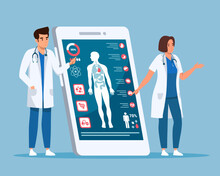 Male And Female Doctors Making Presentation Near Phone. Healthcare Needs Of All Age Groups. Digital Prescriptions And Teletherapy. Online Medical Advice, Consultation Service. Flat Vector Illustration