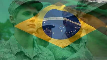 Poster - Animation of flag of brazil over diverse male soldiers