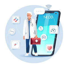 Wall Mural - Doctor ready to medical support for patients. Online medical advice, consultation service and telemedicine. Quick and easy way to receive medical advice. Flat vector illustration in cartoon style