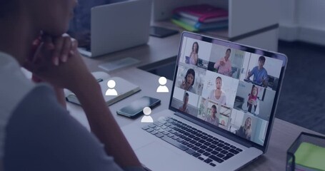 Poster - Animation of network of connections with icons over laptop with video call