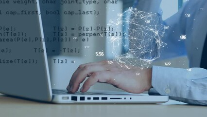 Poster - Animation of network of connections with globe over caucasian man using laptop