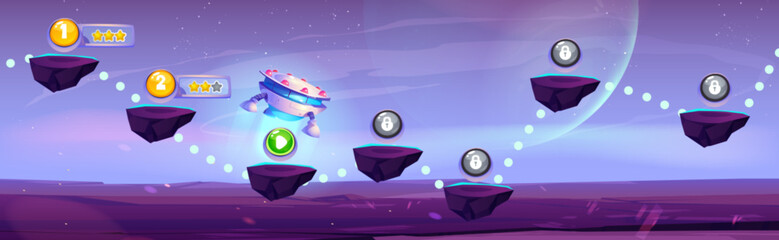 Poster - Arcade game progress map on space background. Vector cartoon illustration of alien aircraft traveling between floating islands to collect bonus points, golden stars and lock icons on stone platforms
