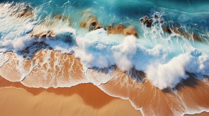 Sticker - Top view of ocean waves on sandy beach landscape. Beautiful seascape background. Generative AI