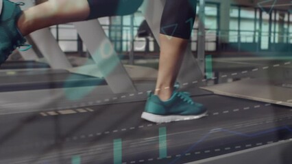 Poster - Animation of data processing over caucasian woman running on treadmill exercising in gym