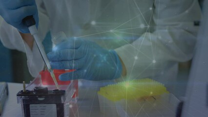 Poster - Animation of network of connections over caucasian female scientist in laboratory