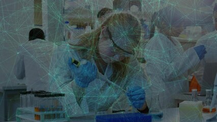 Poster - Animation of network of connections over caucasian female scientist in laboratory