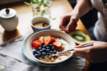 A person taking time to enjoy a homemade, nutritious breakfast. 