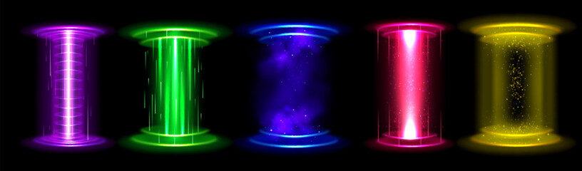 Poster - Circle light effect magic game hologram portal. Neon energy orb beam podium for teleport with stardust. 3d futuristic technology screen platform with glitter and shine for fantasy time travel