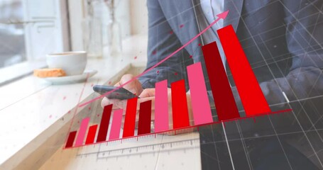 Aufkleber - Animation of statistical data processing over mid section of businessman using smartphone at a cafe