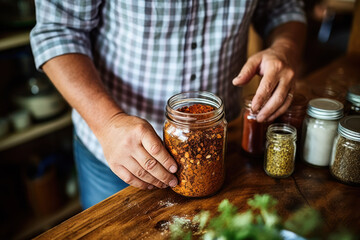 Wall Mural - A person using herbs and spices to add flavor to meals instead of excessive salt.