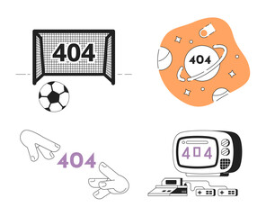 Fototapete - Activity and hobbies black white error 404 flash messages pack. Empty state ui design. Page not found popup cartoon images. Vector flat illustrations concept on white background
