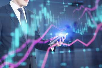 Poster - glowing forex index chart with grid on blurry office interior background. Market, finance and online trading concept. Double exposure.