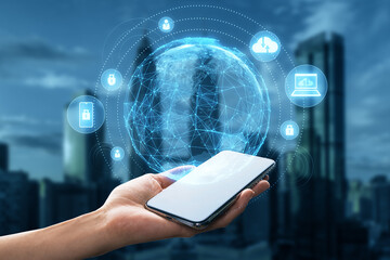 Leinwandbilder - Close up of female hand holding smartphone with glowing polygonal globe on blurry city background. AI, technology and futuristic network concept. Double exposure.