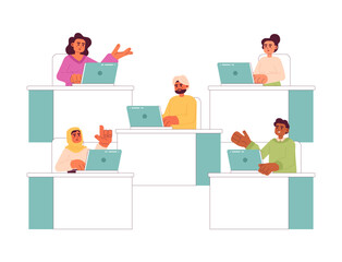 Poster - multiracial people at office 2d vector isolated spot illustrations. workers sitting at desks and typ