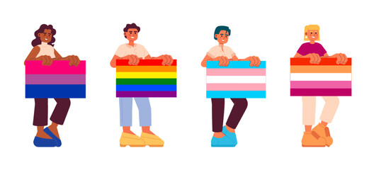 Poster - Happy people holds lgbt pride flags flat concept vector spot illustrations pack. Equal rights for lovers 2D cartoon characters on white for web UI design. Diversity isolated editable hero images set