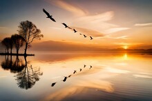 Generate A High-definition AI Image That Portrays A Serene Urban Sunset Scene With Silhouetted Birds In Flight, Their Wings Painted With The Warm, Soothing Colors Of The Setting Sun.