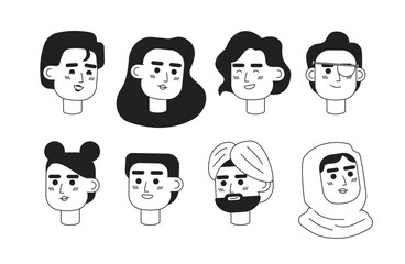 Sticker - Multicultural people monochrome flat linear characters head. Editable outline people icons. Line users faces. 2D cartoon spot vector avatar illustration pack for animation