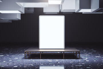 Aufkleber - Modern grunge interior with empty white mock up tablet on pedestal pedestal. 3D Rendering.