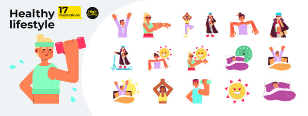 Poster - Healthy lifestyle flat concept vector spot illustrations bundle. Daily sport routine 2D cartoon characters on white for web UI design. Active lifestyle isolated editable creative hero image collection