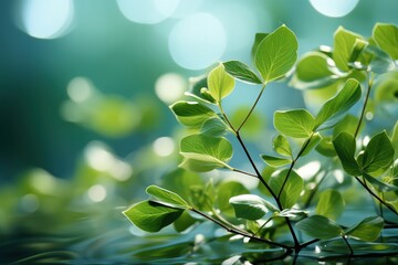 Wall Mural - Delicately natural fresh leaf background in soft daylight with beautiful bokeh and pastel green colors, close-up macro. Made with Generative AI